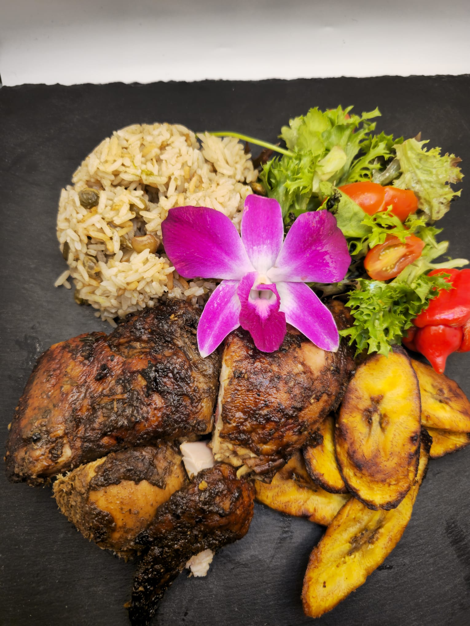 Jerk Chicken and Rice and peas